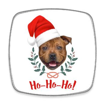 Tête de staffie rouge avec bonnet de père Noël - Magnet carré - blanc - Devant
