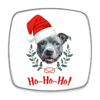Tête de staffie bleu avec bonnet de père Noël - Magnet carré - blanc - Devant