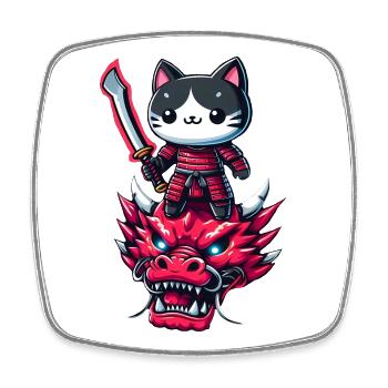 Samurai Cat with Sword on Dragon in Epic 3D Effect - Square fridge magnet - white - Front