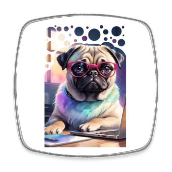 Bürohund Mops mit Laptop und pinker Brille Pop Art - Viereckiger Kühlschrankmagnet - Weiß - Vorne