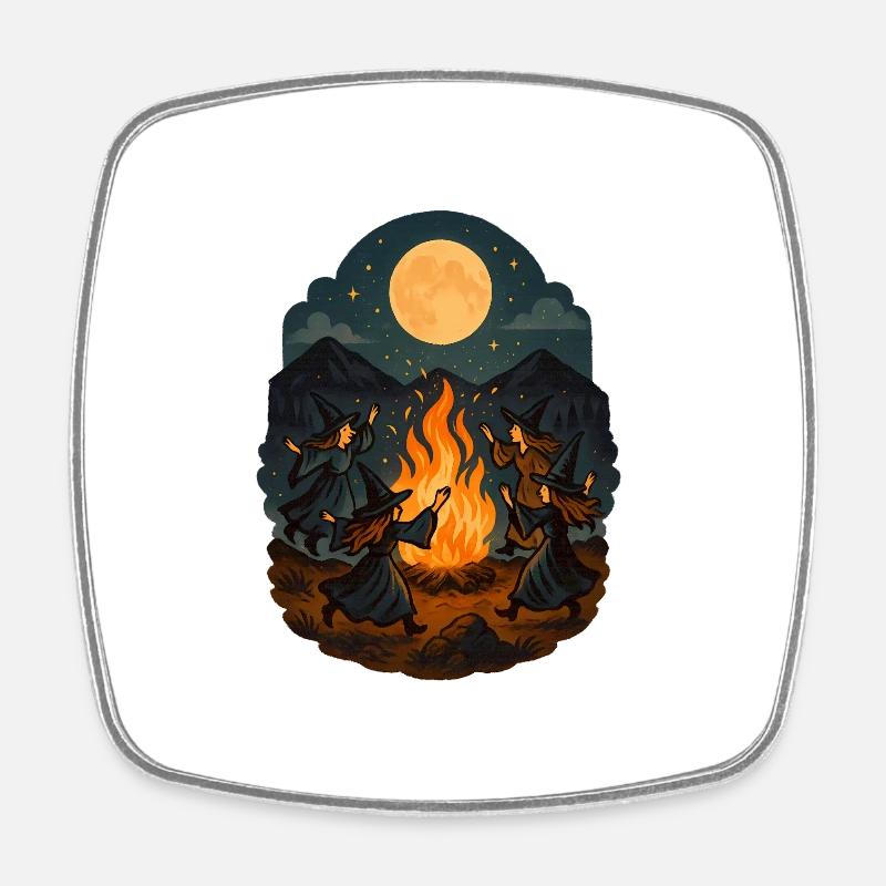 Witch Dance at Full Moon – Magic Fire Ritual - Square fridge magnet - white