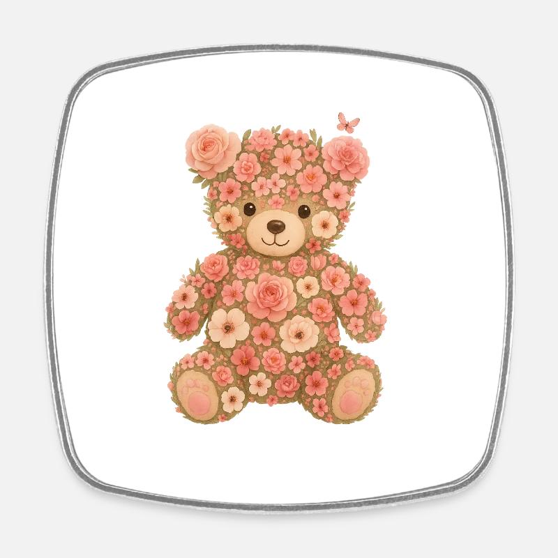 Cute Flower Teddy Bear – Pink Floral Design - Square fridge magnet - white