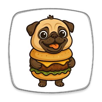 Lustiger Mops mit Hamburger Cheeseburger Fabeltier - Viereckiger Kühlschrankmagnet - Weiß - Vorne
