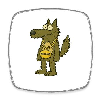 Cooler Cartoon-Wolf mit Goldkette – "WOLFGANG" - Viereckiger Kühlschrankmagnet - Weiß - Vorne