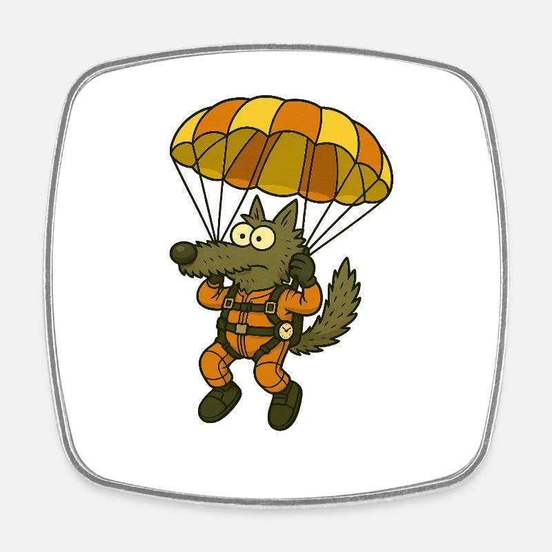 Wolfgang Wolf Funny cartoon wolf with parachute - Square fridge magnet - white