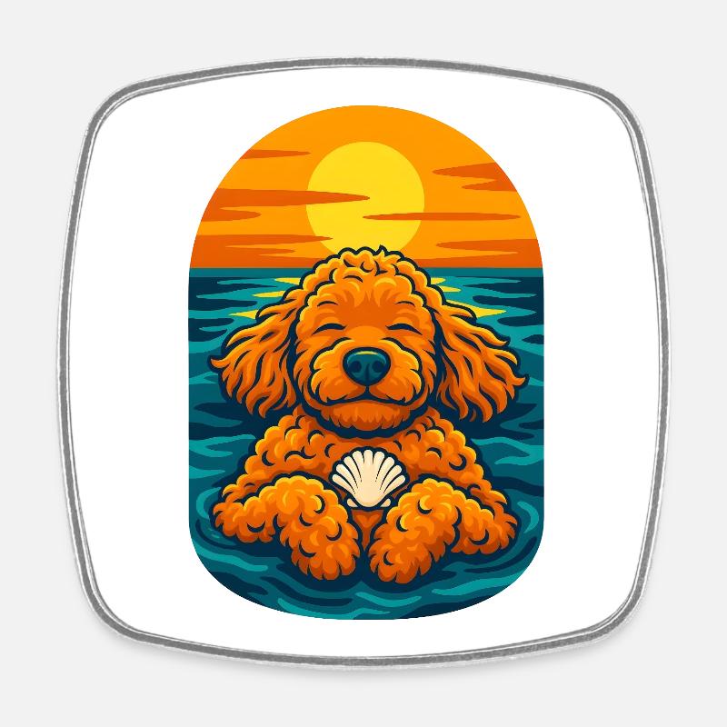 Illustration d'un chiot sur la plage au coucher du soleil - Magnet carré - blanc