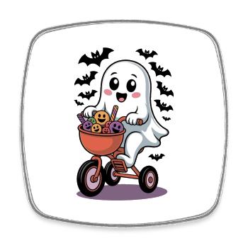Ghost riding a bike with Halloween pumpkins - Square fridge magnet - white - Front