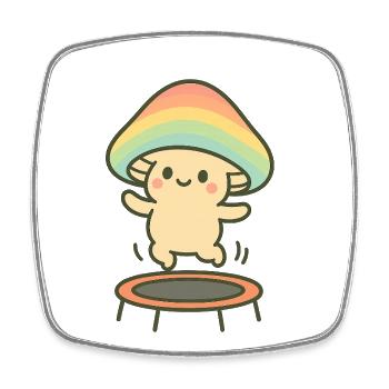 Petit champignon avec chapeau arc-en-ciel sur trampoline - Magnet carré - blanc - Devant