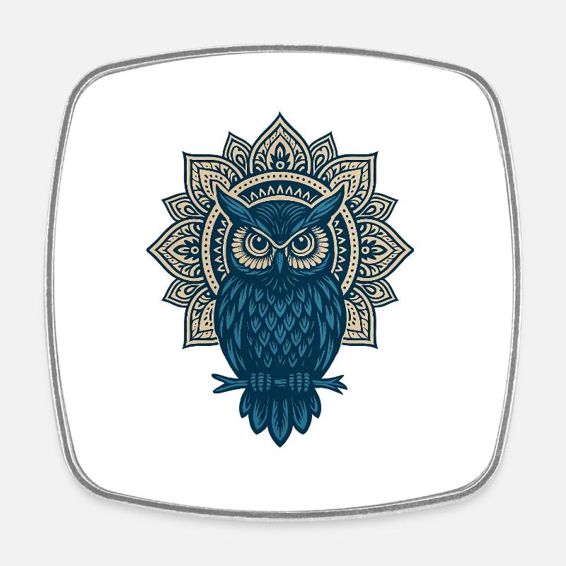 Blue Owl Mandala - Square fridge magnet - white