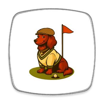 Golf dachshund in retro outfit with flag. - Square fridge magnet - white - Front