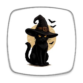 Black Cat in Witch Hat Moonlit Night - Square fridge magnet - white - Front