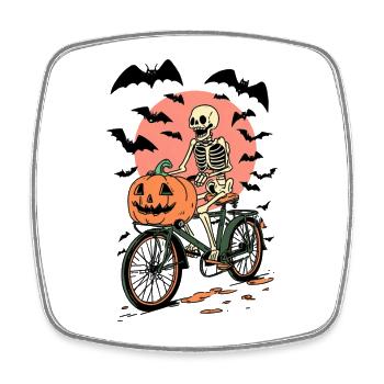 Skeleton on Bicycle with Pumpkin - Square fridge magnet - white - Front