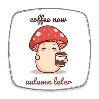 Kawaii Pilz mit Kaffeebecher Herbst Müde - Viereckiger Kühlschrankmagnet - Weiß - Vorne