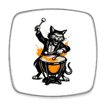 Katzenband Trommelheld im Comicstil - Viereckiger Kühlschrankmagnet - Weiß - Vorne