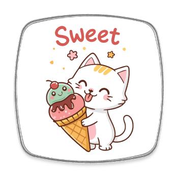 Chat Gourmand Kawaii et Cornet Glacé - Square fridge magnet - white - Front