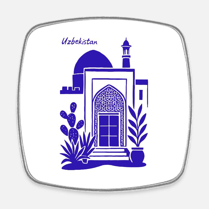 Uzbekistan Architecture Blue Silhouette - Square fridge magnet - white