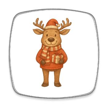 Niedliches Weihnachtsrentier mit Geschenk - Viereckiger Kühlschrankmagnet - Weiß - Vorne