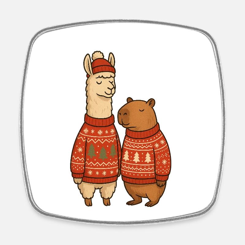 Llama and Cabibara Christmas Sweater Duo - Square fridge magnet - white