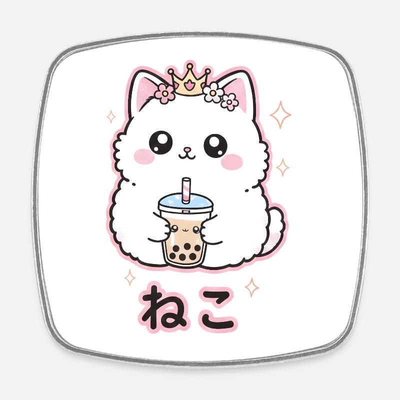 Cat Queen with Bubble Tea - Square fridge magnet - white