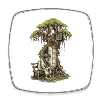 Treehouse poem: Old man squats in front of tree - Square fridge magnet - white - Front