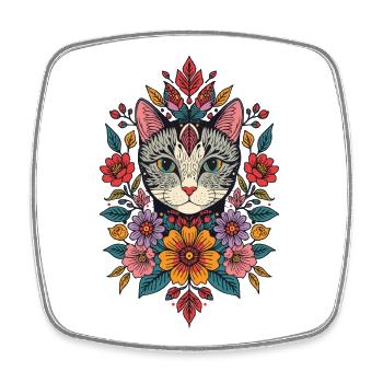 Katzenkopf im Blumenkranz - Viereckiger Kühlschrankmagnet - Weiß - Vorne