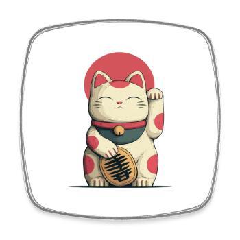Maneki-Neko Glücks-Katze - Viereckiger Kühlschrankmagnet - Weiß - Vorne