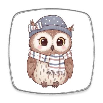 Hibou d’hiver avec écharpe et chapeau - Magnet carré - blanc - Devant