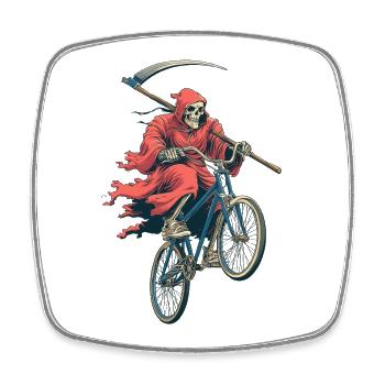 Skelett im Roten Umhang auf Fahrrad - Viereckiger Kühlschrankmagnet - Weiß - Vorne