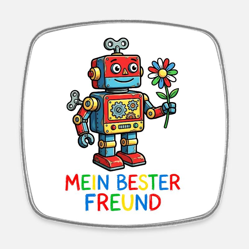 Ami robot coloré avec une fleur - Magnet carré - blanc