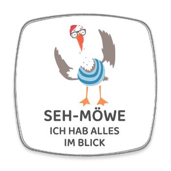 SEH-MÖWE Ich hab alles im Blick – Lustige Möwe - Viereckiger Kühlschrankmagnet - Weiß - Vorne