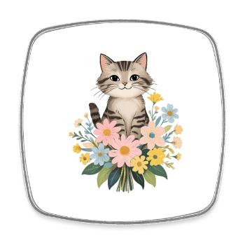 Katze mit Blumen - niedliches Tiermotiv - Viereckiger Kühlschrankmagnet - Weiß - Vorne