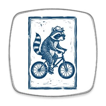 Waschbär auf Fahrrad blauer Linoldruck - Viereckiger Kühlschrankmagnet - Weiß - Vorne