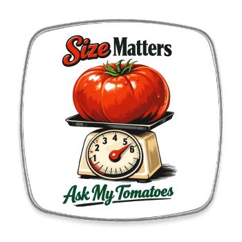 Size Matters: Lustige Riesen-Tomate auf Waage - Viereckiger Kühlschrankmagnet - Weiß - Vorne