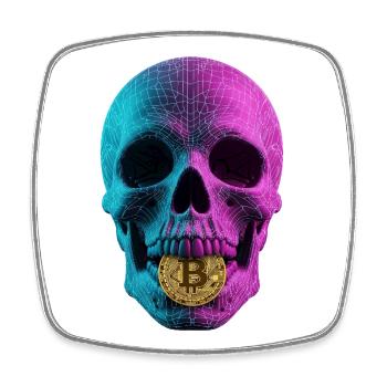 Bitcoin Skull Wireframe Design Cyan Magenta - Square fridge magnet - white - Front