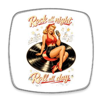 Rockabilly Pin-Up: Rock all night Schallplatte - Viereckiger Kühlschrankmagnet - Weiß - Vorne