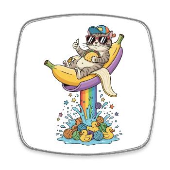 Checker Cat on Banana in Rainbow Fun Fountain - Square fridge magnet - white - Front