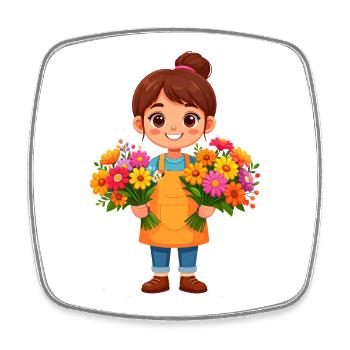 Petit fleuriste avec bouquet de fleurs – Kawaii Comic - Magnet carré - blanc - Devant