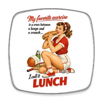 Retro Pin-Up Fitness Lunch: Lustiges Sport Design - Viereckiger Kühlschrankmagnet - Weiß - Vorne