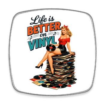 Life is better on vinyl - Retro Pin-Up Girl - Viereckiger Kühlschrankmagnet - Weiß - Vorne