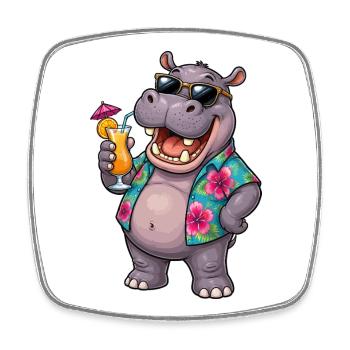 Hippo with Hawaiian-style cocktail - Square fridge magnet - white - Front