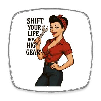 Pin-up Girl Autoschrauberin: Shift Your Life - Viereckiger Kühlschrankmagnet - Weiß - Vorne