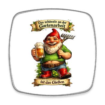 Garten-Gnom mit Bier und Spaten - Viereckiger Kühlschrankmagnet - Weiß - Vorne