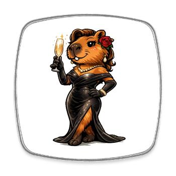 Dame capybara en tenue de soirée avec du vin pétillant - Magnet carré - blanc - Devant
