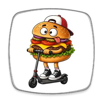 Lustiger Cartoon Roller Scooter mit Burger - Viereckiger Kühlschrankmagnet - Weiß - Vorne