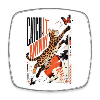 Catch It Anyway – Dynamic Bengal Cat Jump - Square fridge magnet - white - Front