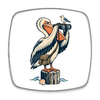 Pelikan mit Fernglas – Maritimes Küstenmotiv - Viereckiger Kühlschrankmagnet - Weiß - Vorne