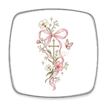 Blütenkreuz mit Rosa Band - Viereckiger Kühlschrankmagnet - Weiß - Vorne