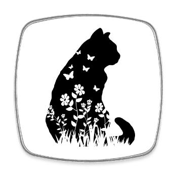 Cute Cat Flower Pattern Silhouette Cat Lover Gift - Square fridge magnet - white - Front