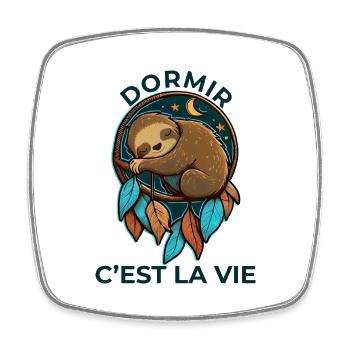 "Paresseux endormi: "Dormir, c'est la vie!" - Magnet carré - blanc - Devant