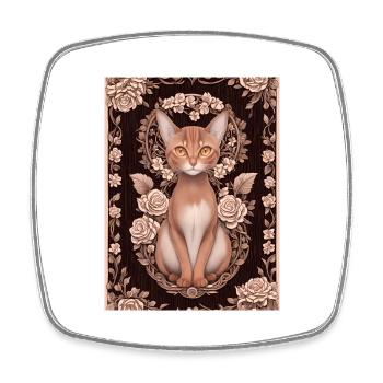 Gravure sur bois d’un chat avec des roses - Magnet carré - blanc - Devant